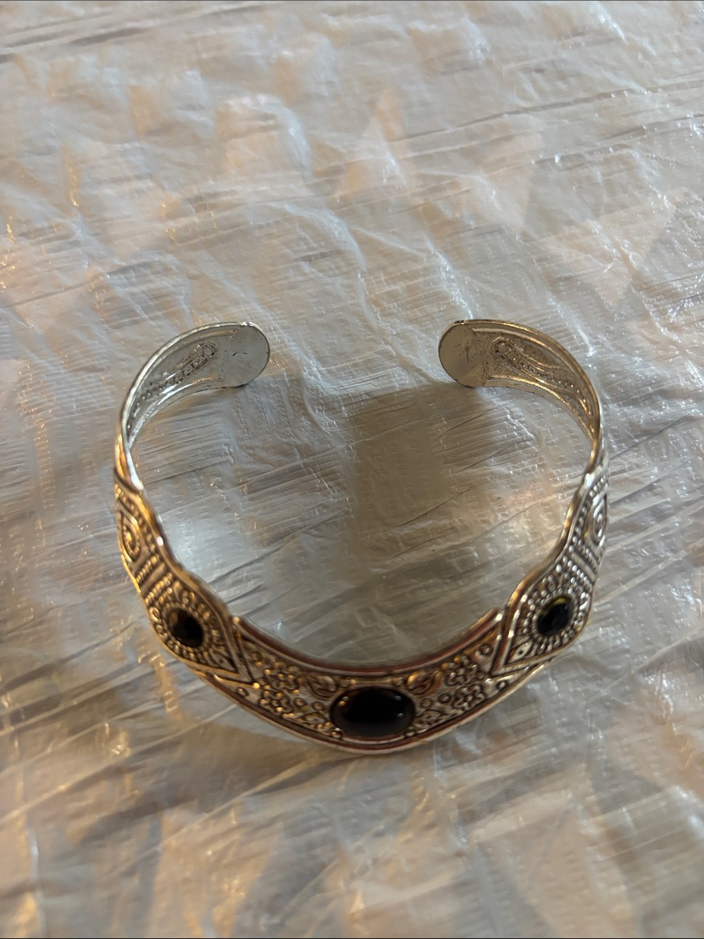 Silver-Tone Cuff Bracelet with Black Accent Stones - Women Jewelry